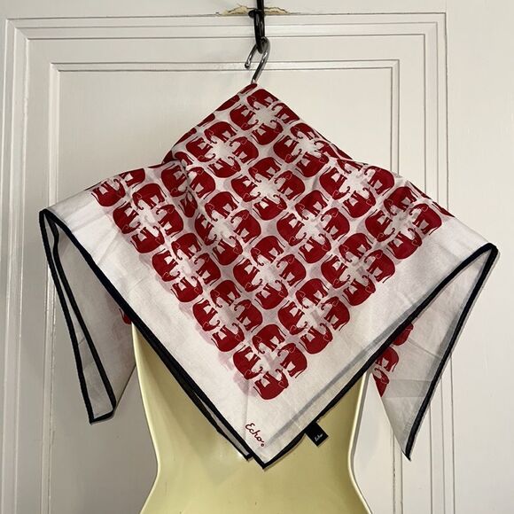 Vtg  Echo large white thin cotton square scarf with red elephants & blue border - Picture 3 of 9